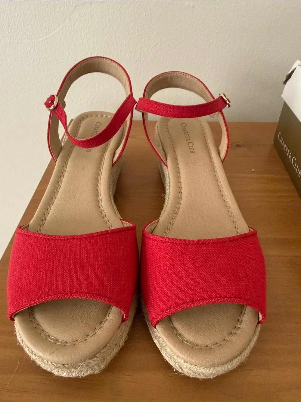 Charter Club Red Canvas Espadrille Wedge Sandals with Ankle Strap